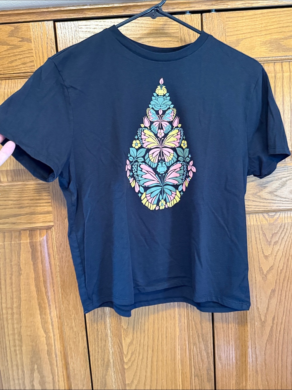 Women’s Black Crop Tee with Colorful Butterfly Medallion-Large (10-12)